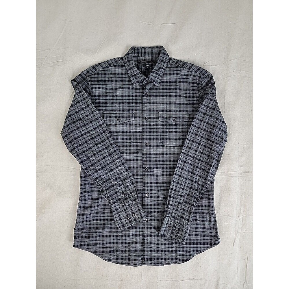 John Varvatos Shirt Mens M‎ Button Black Gray Plaid Lightweight Casual Pockets